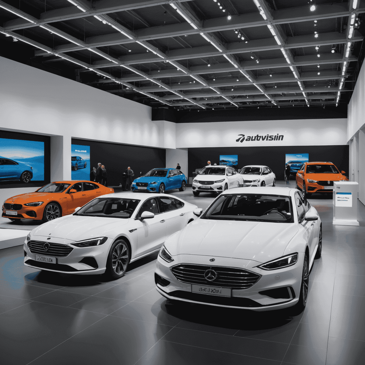 Moderne Ausstellungshalle von AutoVision Berlin mit einer Reihe von hochwertigen Fahrzeugen, beleuchtet durch sanftes, indirektes Licht, das die Konturen der Autos betont.
