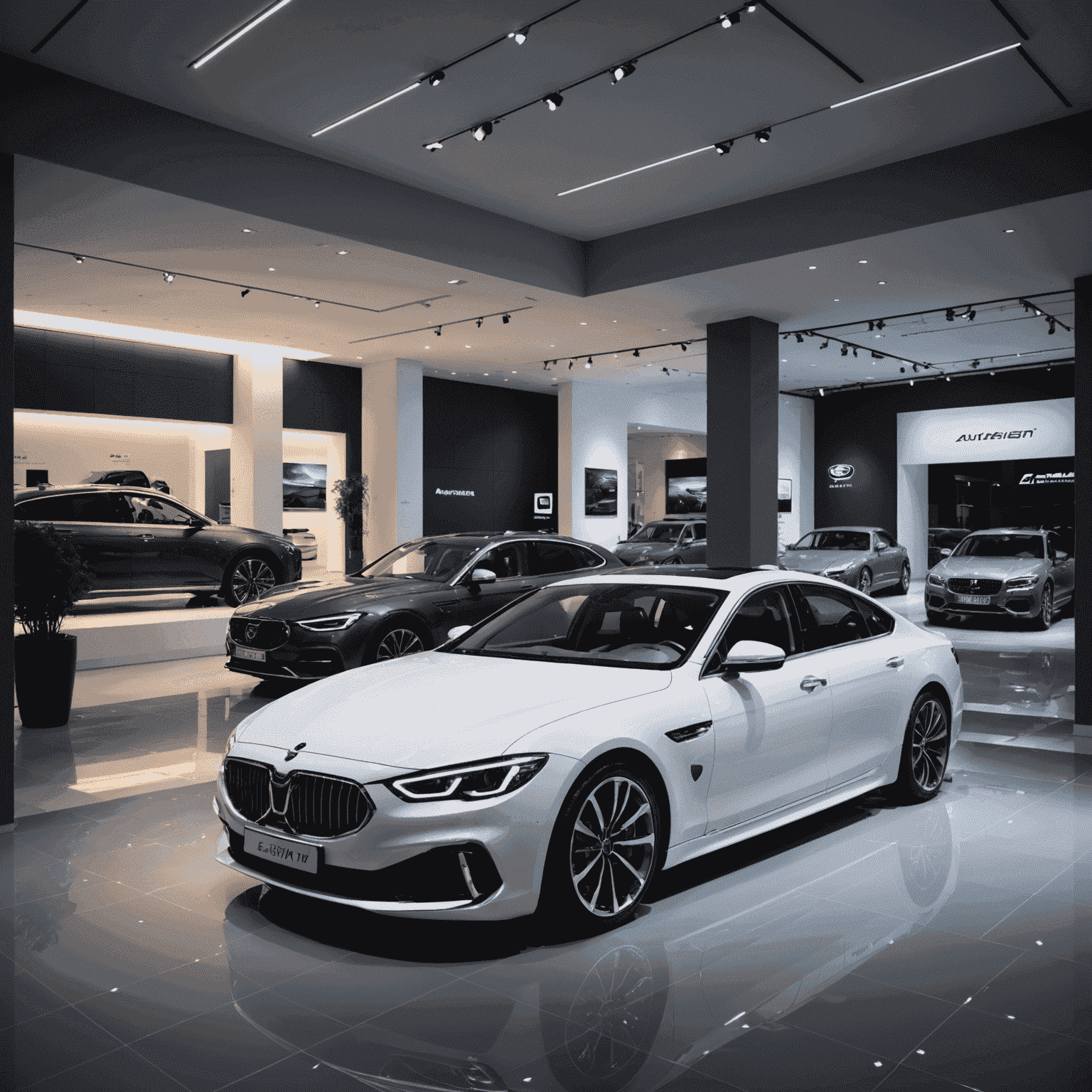 Eleganter Showroom von AutoVision Berlin mit einer Auswahl hochwertiger Fahrzeuge, beleuchtet durch sanftes, modernes Licht, das die Konturen der Autos betont