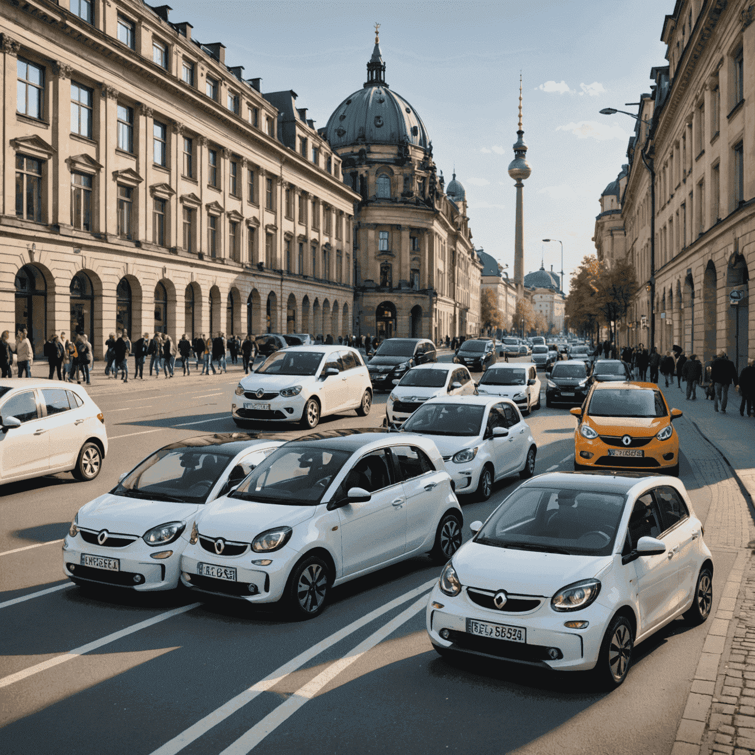 Fünf kompakte Stadtautos parken nebeneinander auf einer belebten Berliner Straße, im Hintergrund sind bekannte Wahrzeichen zu sehen