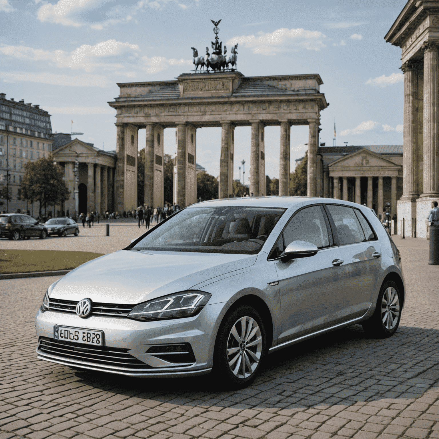 Ein silberner Volkswagen Golf, Modelljahr 2018, geparkt vor dem Brandenburger Tor in Berlin. Das kompakte Auto zeigt seine elegante Silhouette und modernen LED-Scheinwerfer.