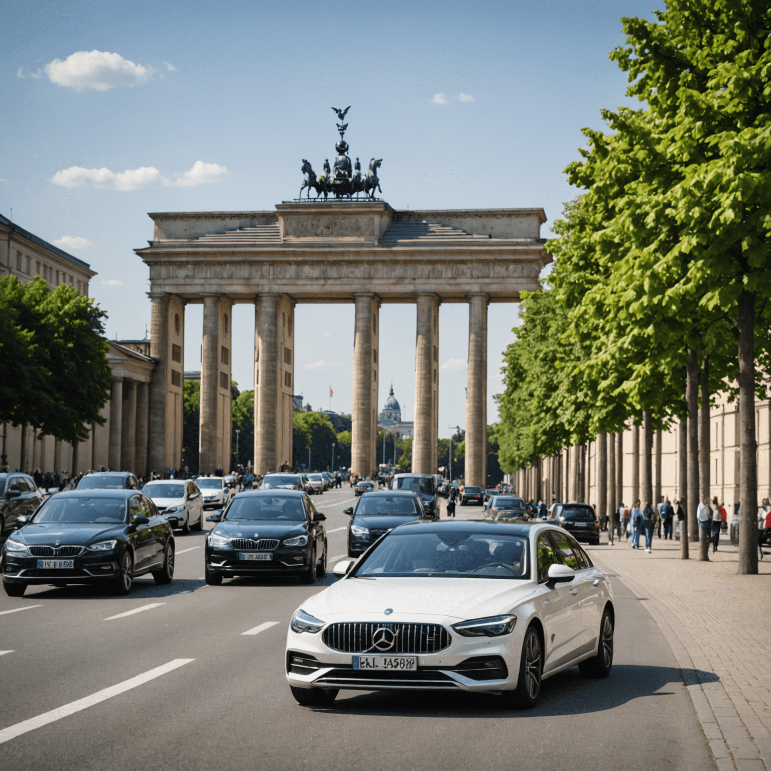 Moderne Neuwagen auf einer Berliner Straße mit dem Brandenburger Tor im Hintergrund