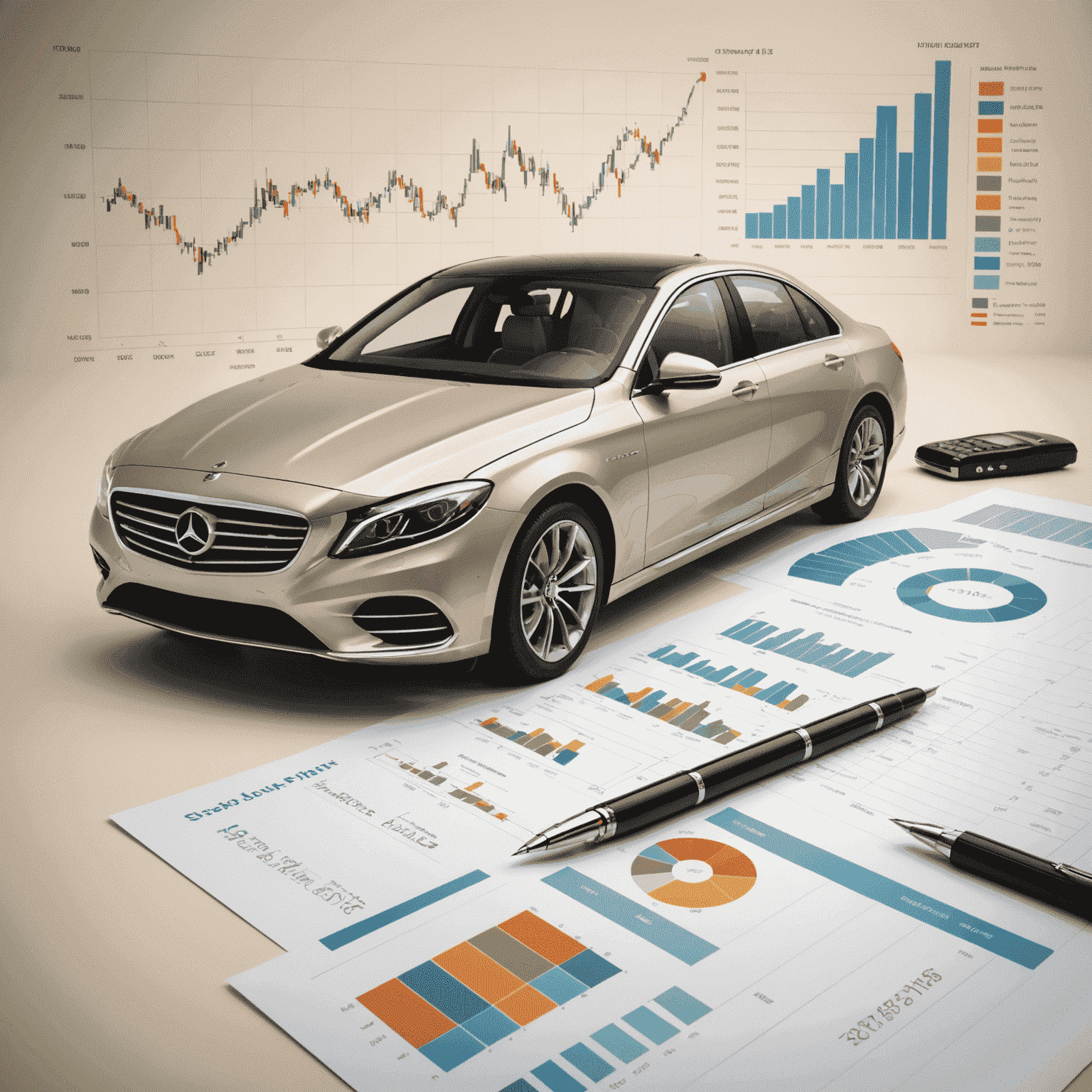 Ein elegantes Auto vor einem Finanzdiagramm, das verschiedene Finanzierungsoptionen darstellt