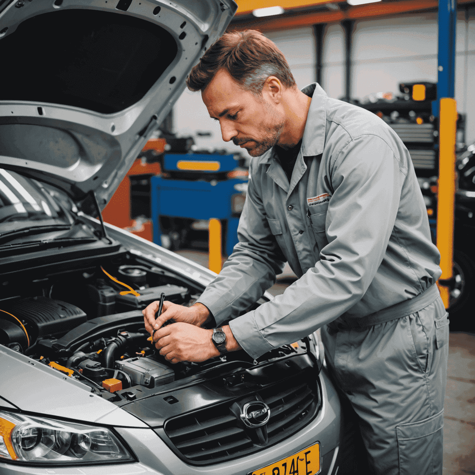 Ein Mechaniker führt eine gründliche Inspektion eines silbernen Gebrauchtwagens durch. Er verwendet modernste Diagnosegeräte und trägt eine professionelle Arbeitskleidung.