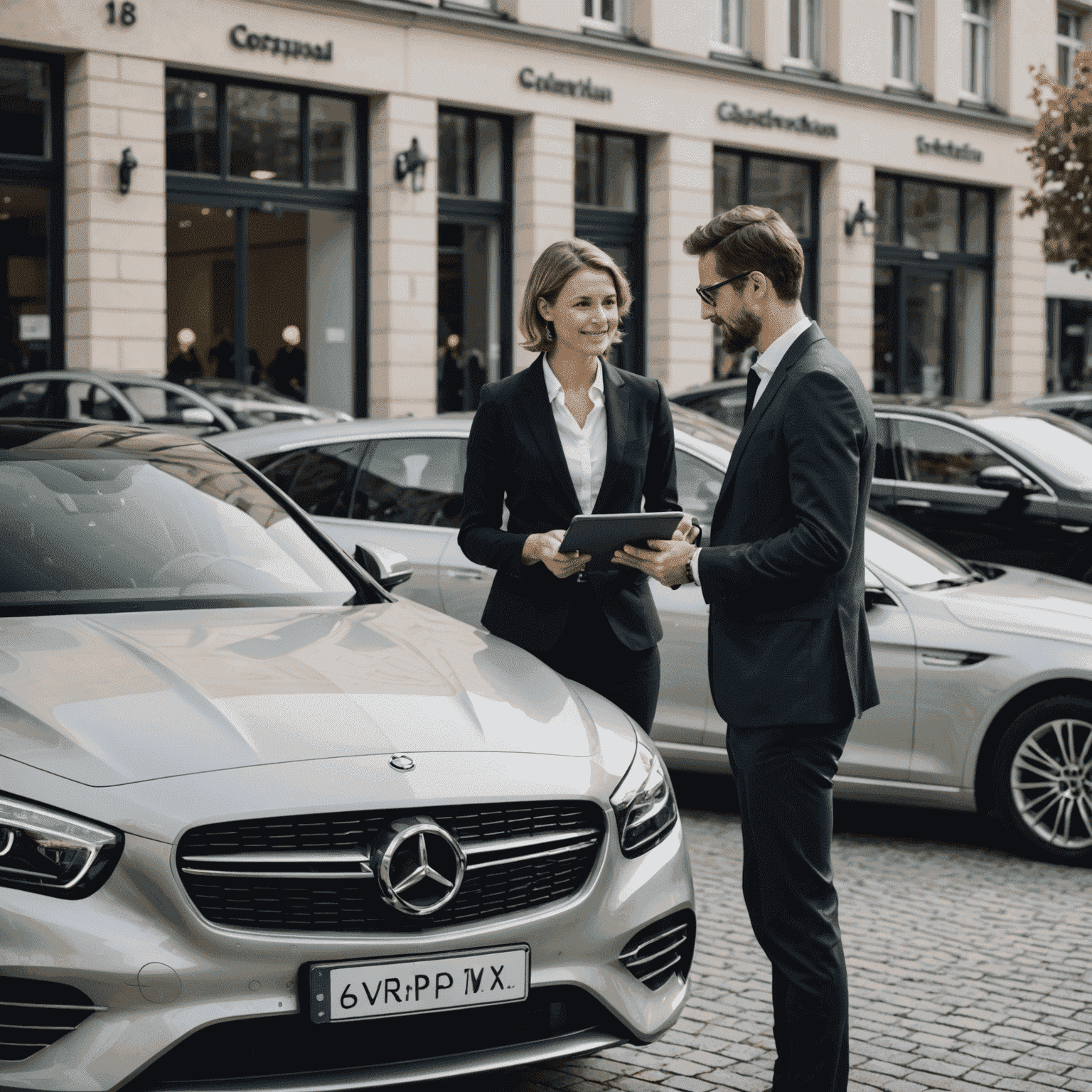 Ein AutoVision Berlin Berater im Gespräch mit einem Kunden vor einem eleganten Neuwagen, beide tragen Business-Kleidung und diskutieren anhand eines Tablets.
