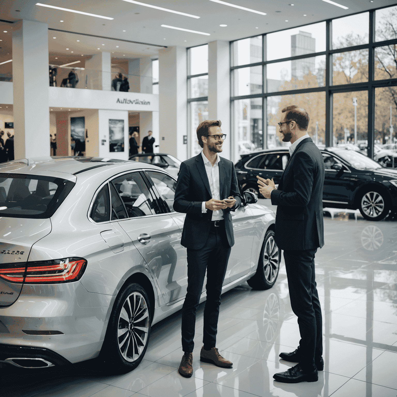 Freundlicher AutoVision Berlin Berater im Gespräch mit einem Kunden vor einem glänzenden Neuwagen, umgeben von einer hellen und modernen Beratungsumgebung