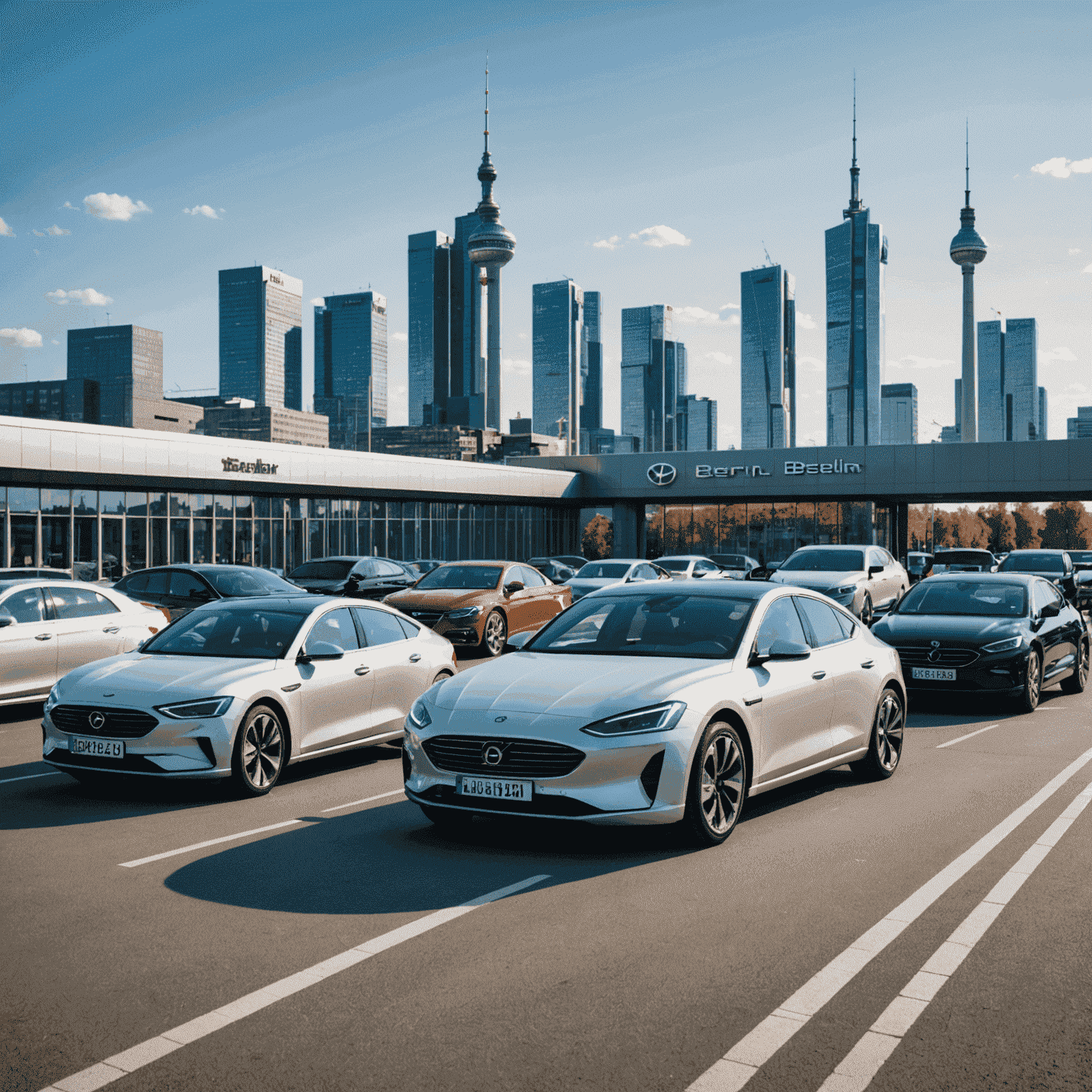 Eine Reihe moderner Neuwagen verschiedener Marken, ausgestellt in einem futuristischen Showroom mit Berliner Skyline im Hintergrund