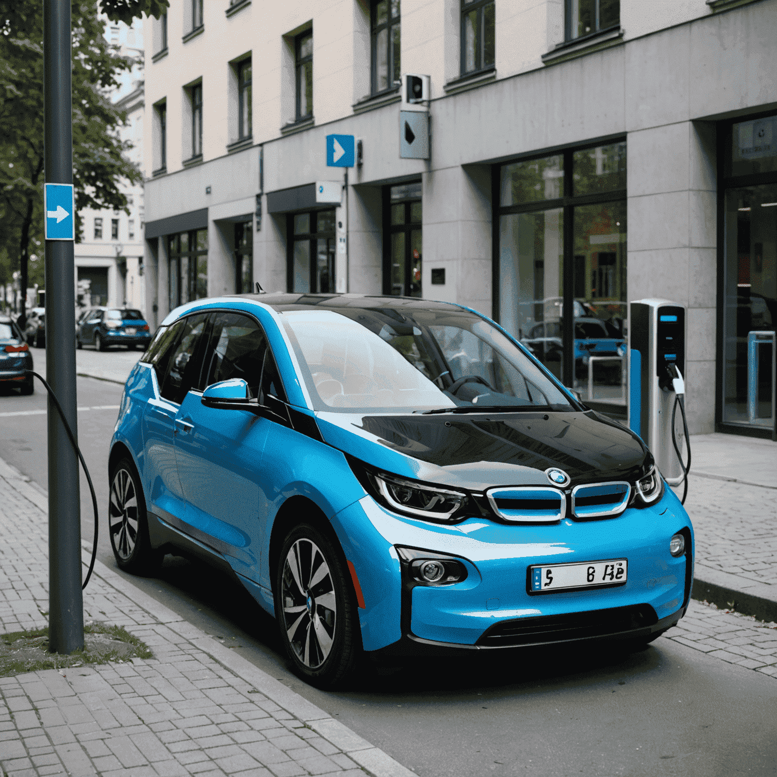 Ein elektrischer BMW i3 in auffälligem Blau, der an einer Ladestation in einem modernen Berliner Stadtviertel steht. Das futuristische Design des Autos harmoniert perfekt mit der urbanen Umgebung.