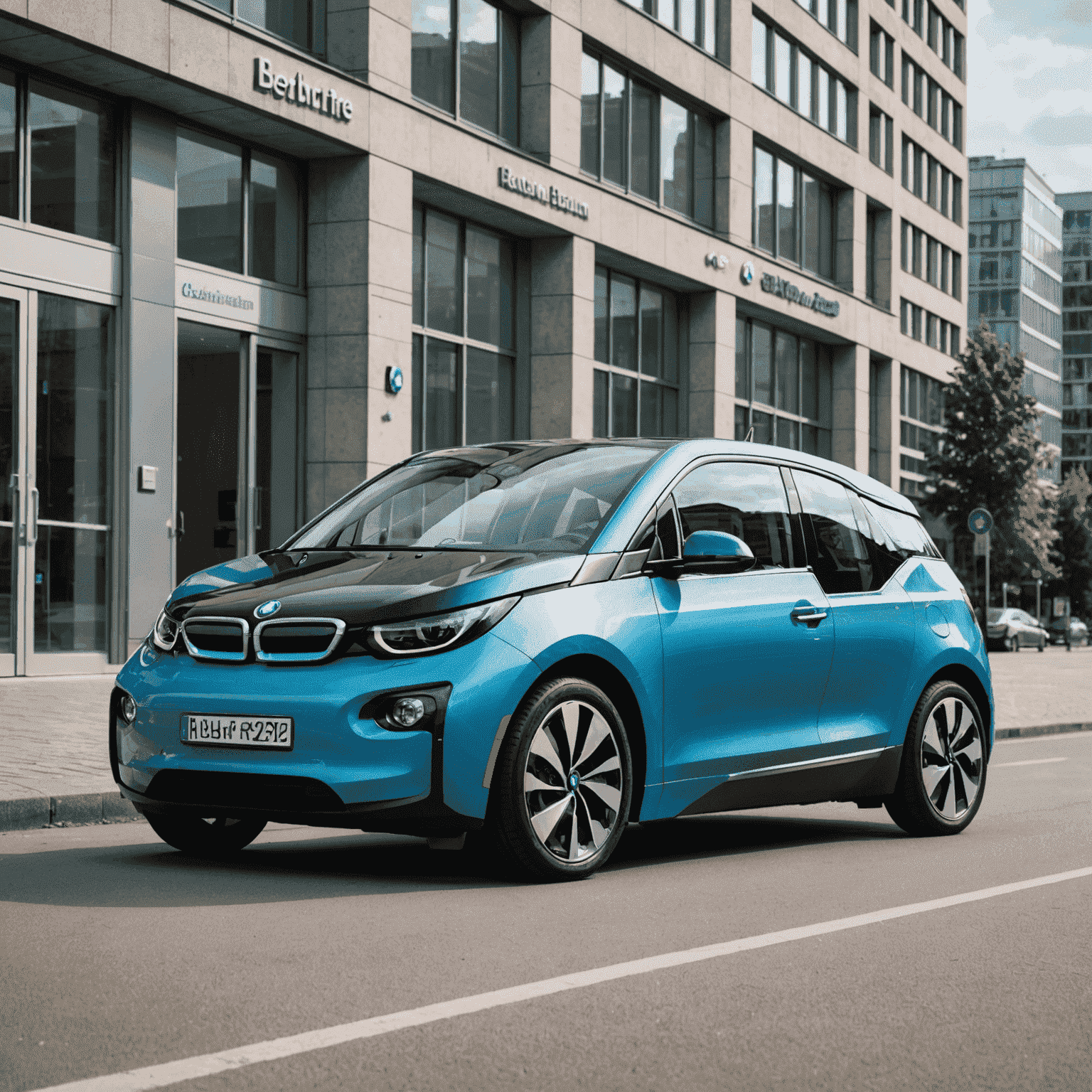 BMW i3 geparkt vor modernem Berliner Gebäude