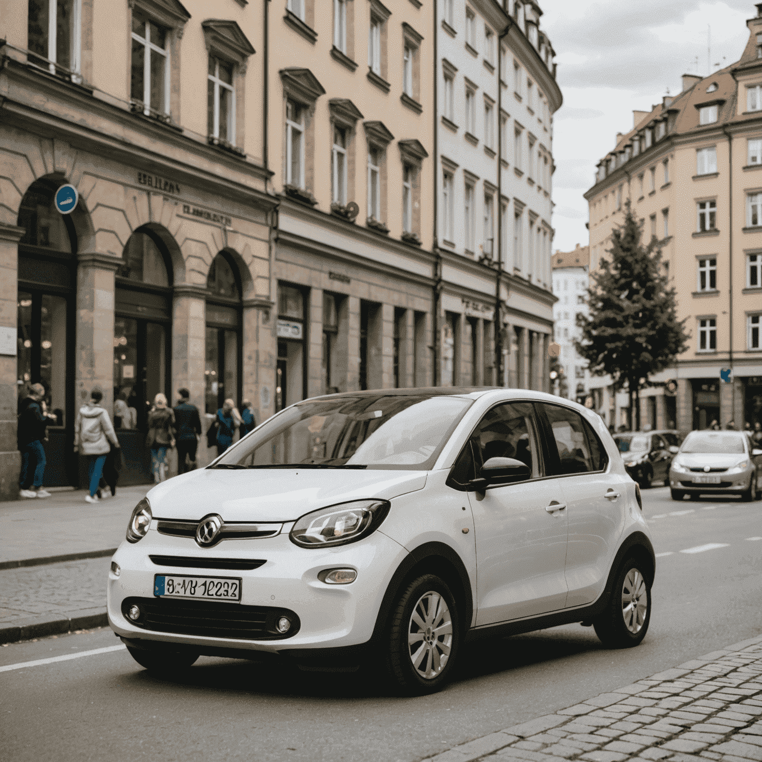 Ein kompaktes Stadtauto parkt an einer belebten Straße in Berlin, im Hintergrund sind typische Berliner Altbauten zu sehen.