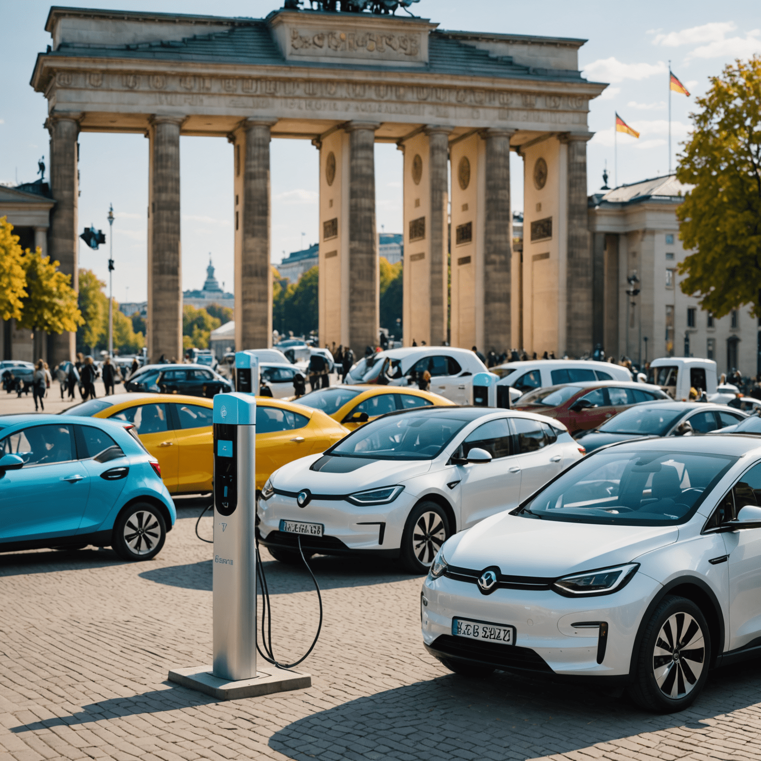 Verschiedene Elektroautos an Ladestationen vor dem Brandenburger Tor, symbolisierend für die Elektromobilität in Berlin