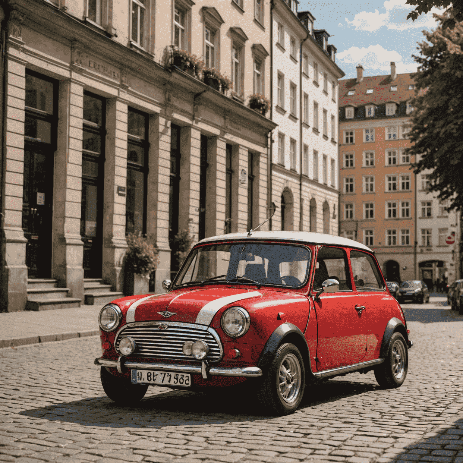 Ein klassischer roter Mini Cooper mit weißem Dach, geparkt vor einer Reihe von Altbauten in einem charmanten Berliner Kiez. Das ikonische Design des Autos sticht in der urbanen Umgebung hervor.