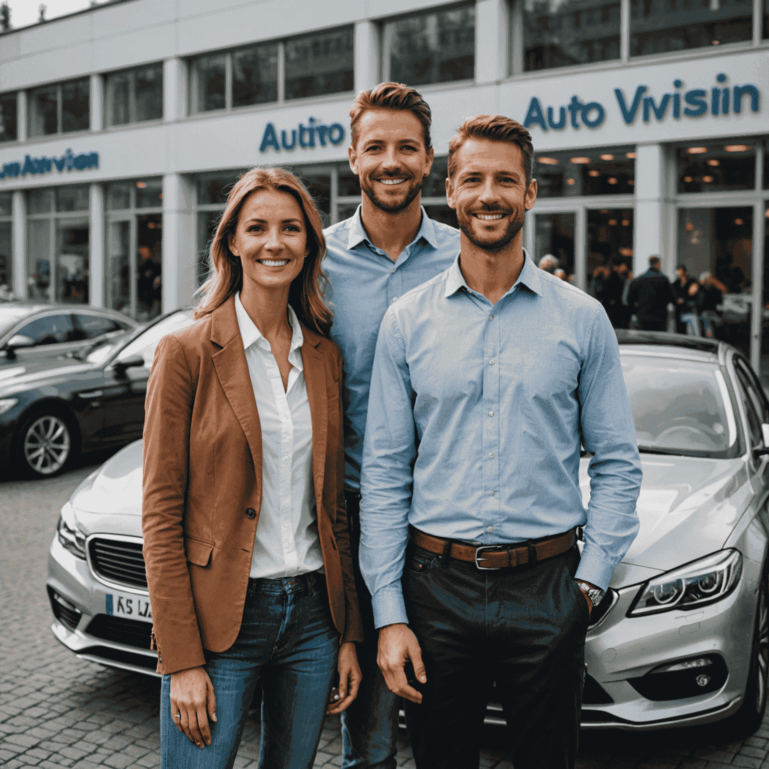 Ein zufriedenes Paar, das vor ihrem neu finanzierten Auto bei AutoVision_Berlin steht