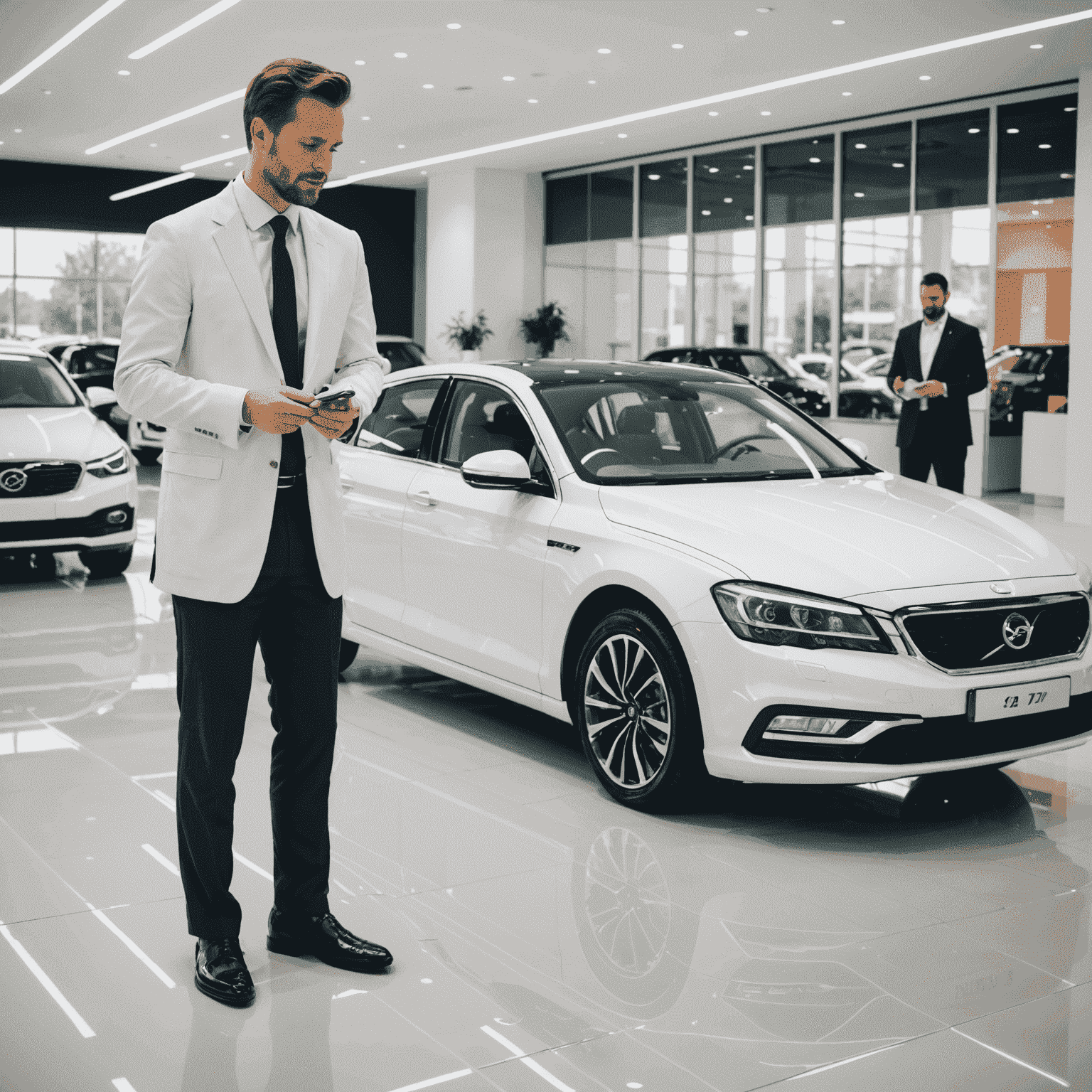 Ein frisch aufbereiteter, glänzender weißer Gebrauchtwagen steht in einem hellen, modernen Showroom. Ein Qualitätsmanager in elegantem Anzug führt eine letzte Inspektion durch.