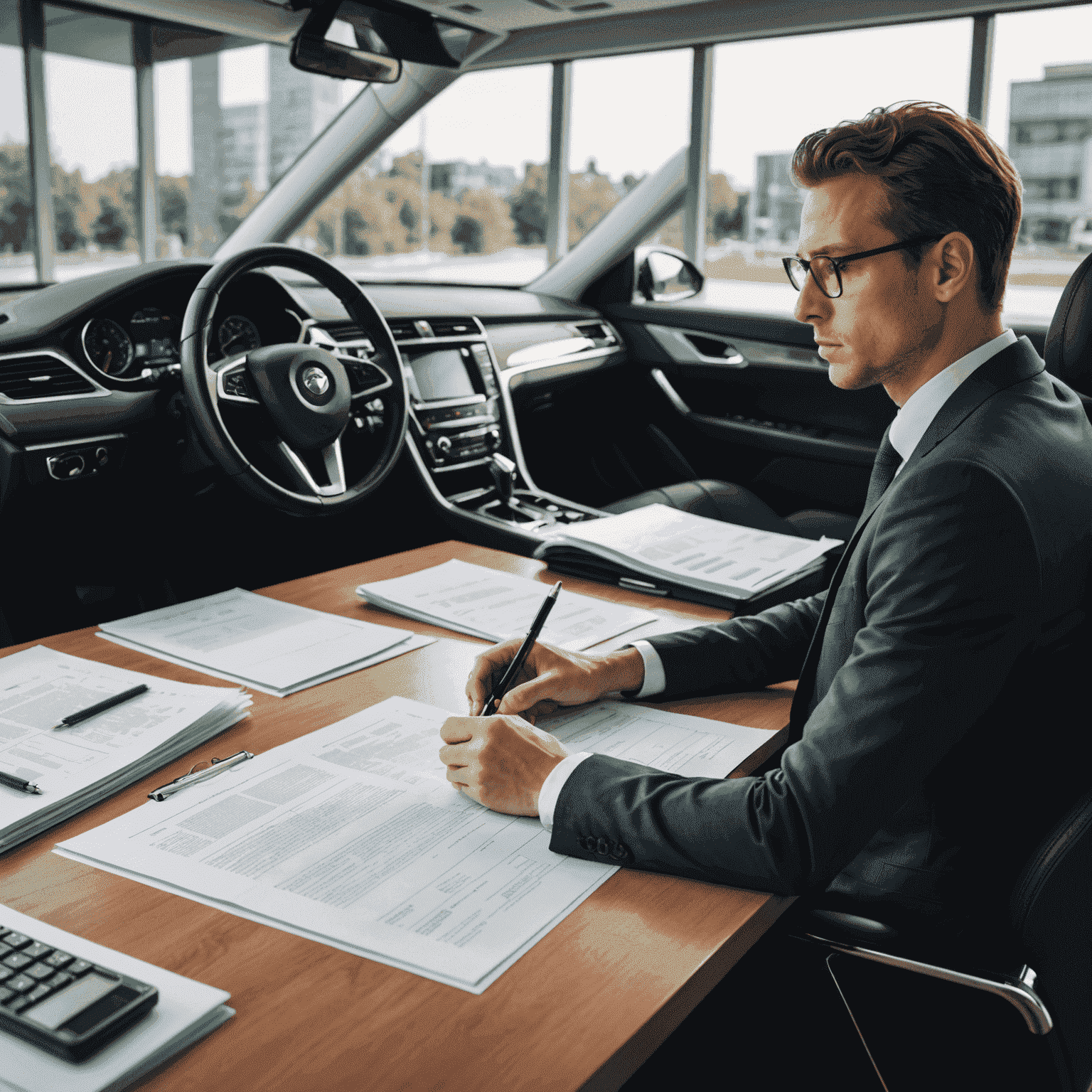 Eine Person sitzt an einem modernen Schreibtisch und studiert Finanzierungsunterlagen, im Hintergrund ist ein elegantes Auto zu sehen