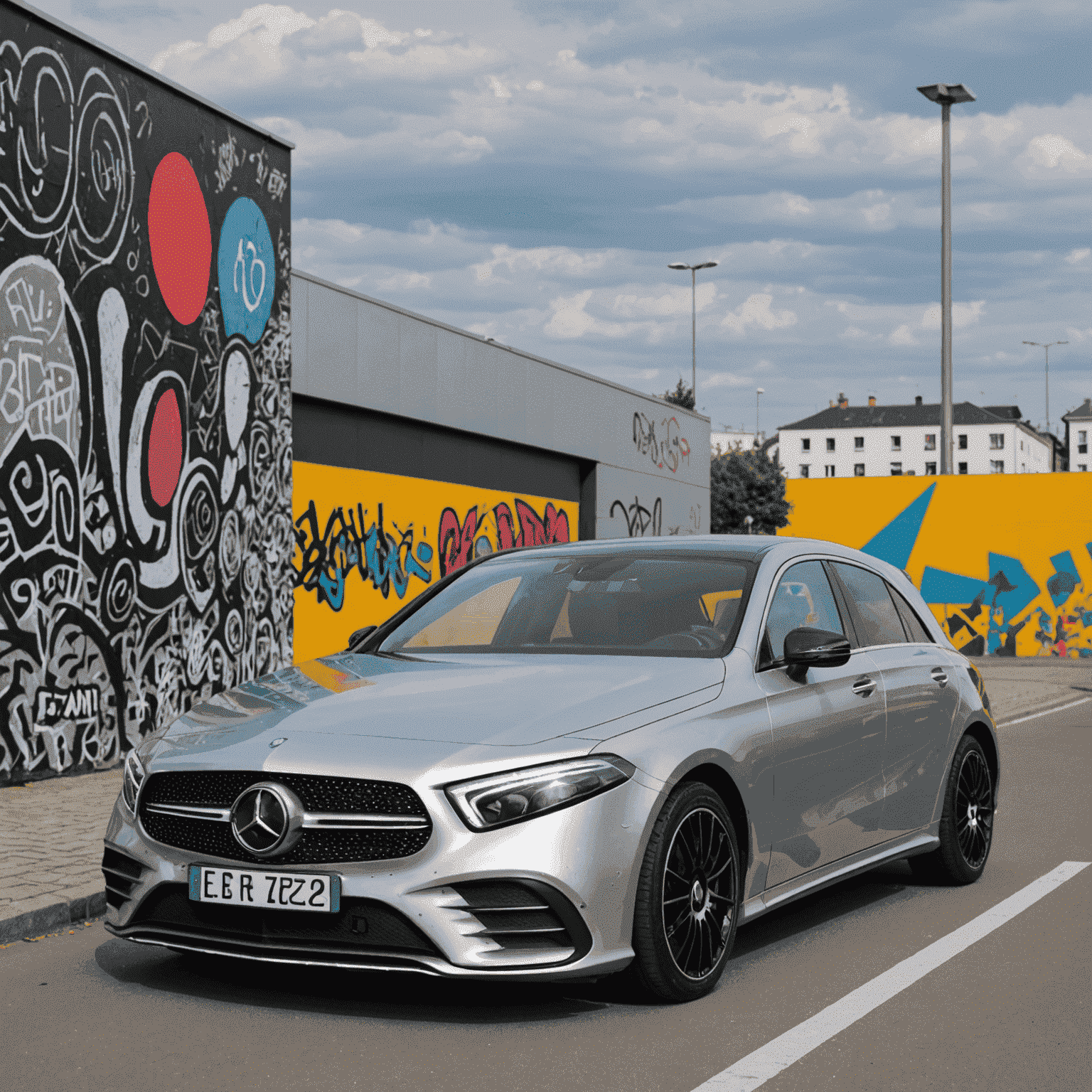Eine silberne Mercedes-Benz A-Klasse, Baujahr 2019, elegant geparkt vor der East Side Gallery in Berlin. Das Auto strahlt Luxus und Sportlichkeit aus, perfekt vor dem bunten Hintergrund der Mauer.