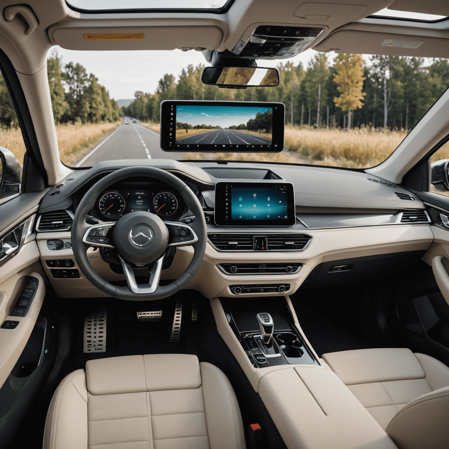 Moderner, nachhaltiger Autoinnenraum mit recycelten Materialien und großem Touchscreen