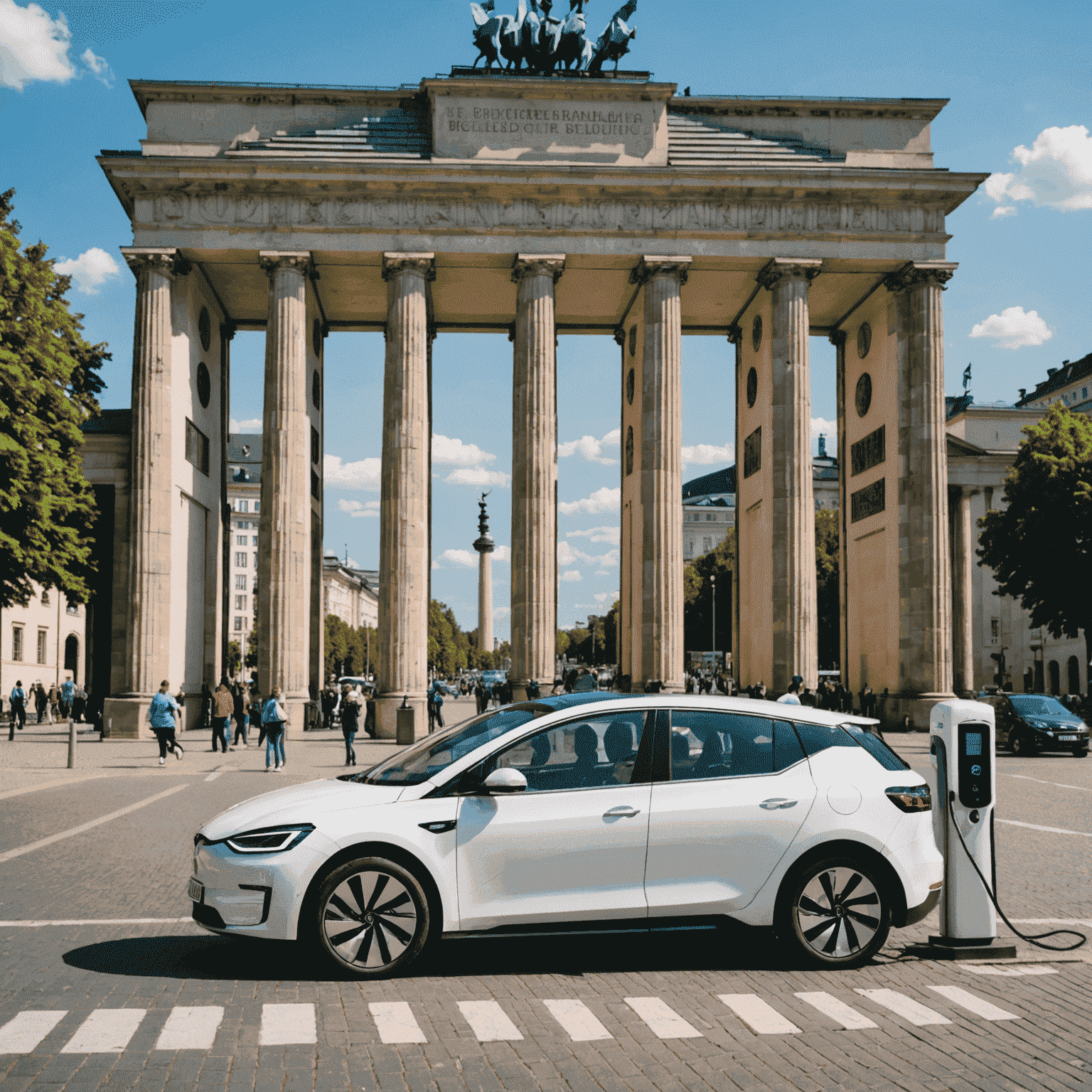 Ein modernes Elektroauto lädt an einer Ladestation vor dem Brandenburger Tor, symbolisiert die Elektromobilität in Berlin.