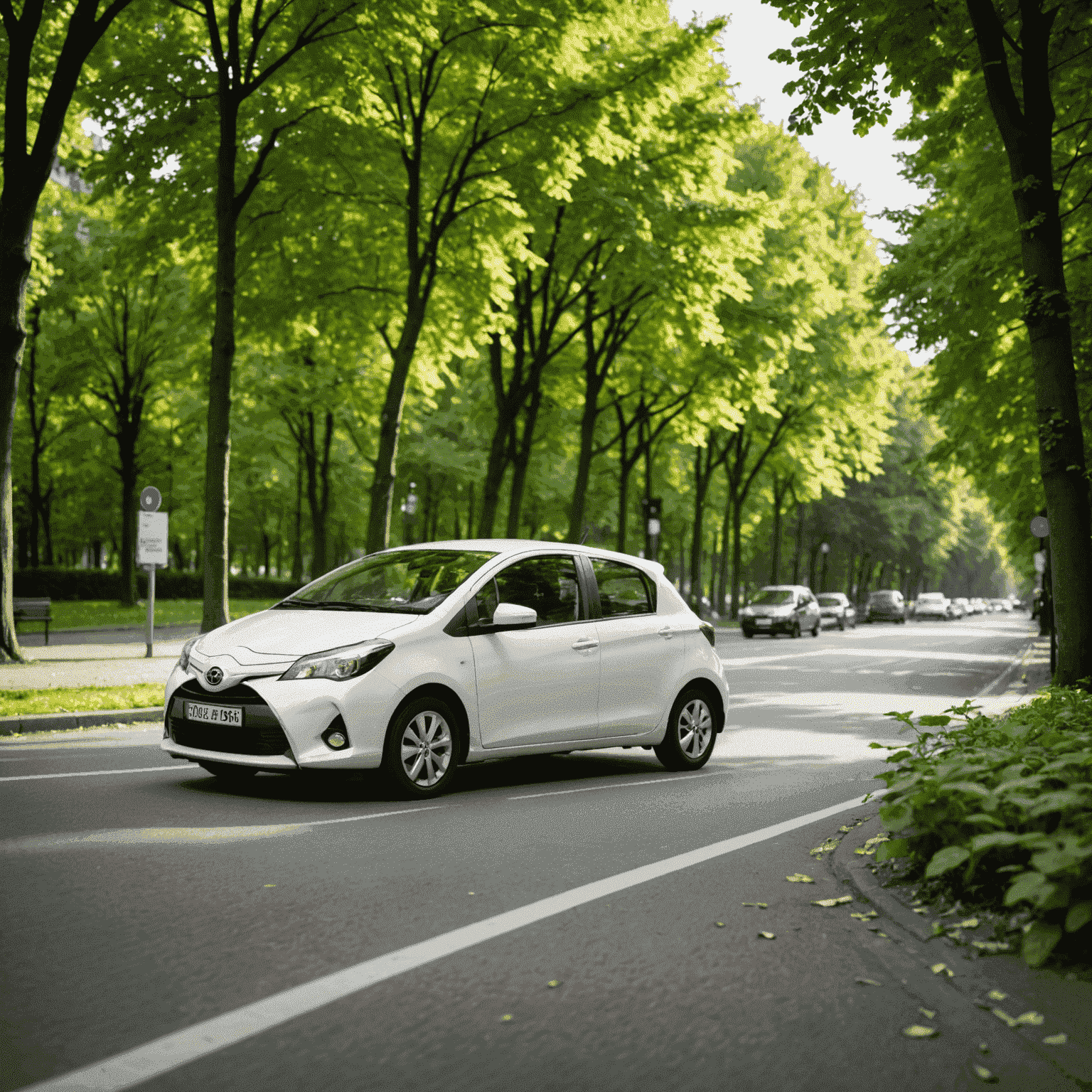 Ein weißer Toyota Yaris Hybrid, der durch eine grüne Allee in Berlin-Prenzlauer Berg fährt. Das kompakte Auto zeigt seine aerodynamische Form, während es von Bäumen umgeben ist, was seine umweltfreundliche Natur unterstreicht.